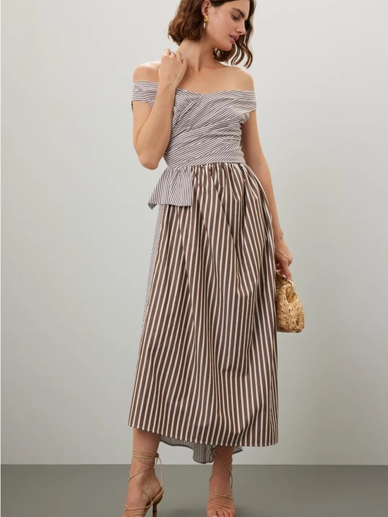 ditoma Dresses & Skirts - Off-Shoulder Brown and White Striped Midi Dress